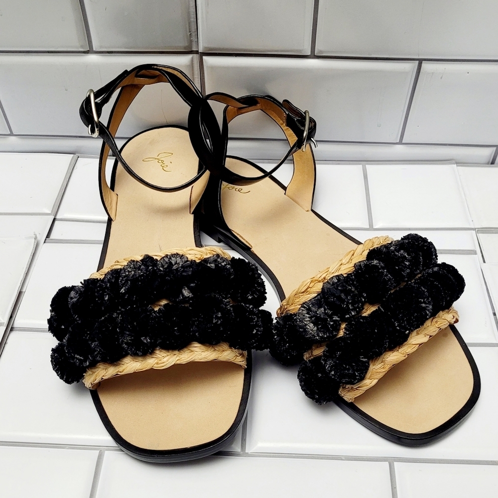 JOIE Black Leather Straw Ankle Strap Flat Open Toe Sandal with Pom Pom Detail S